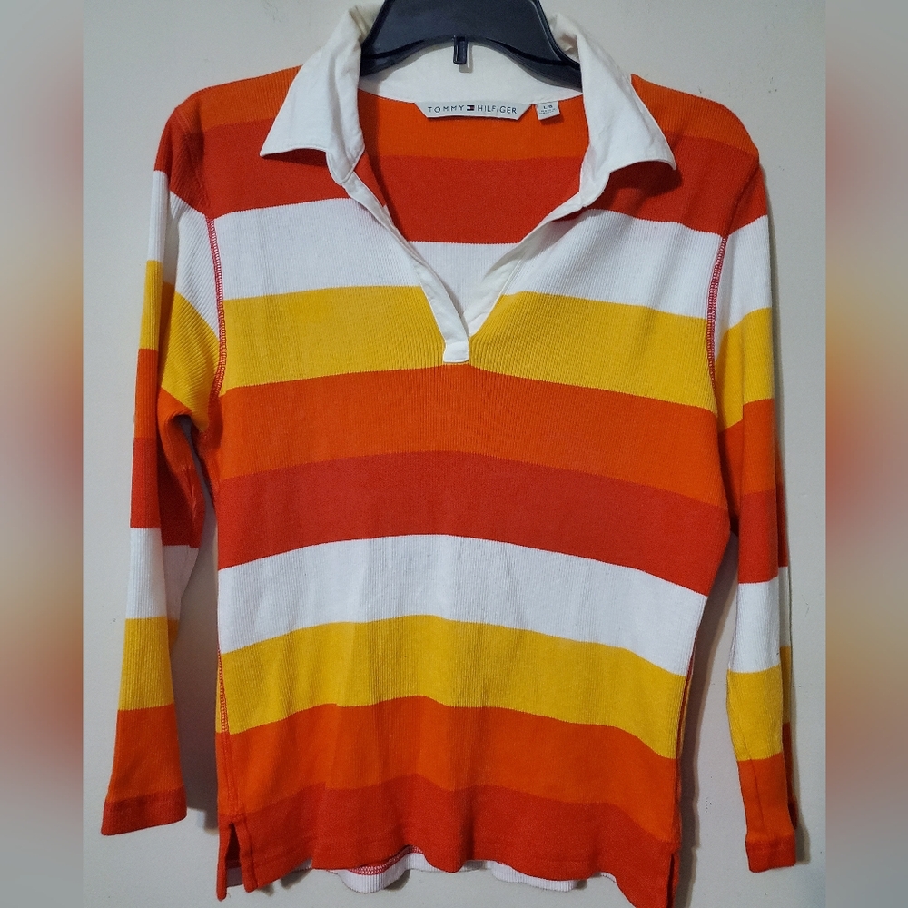 Y2k Tommy Hilfiger Ribbed Retro Striped 3/4 Sleeve Polo 70s Style Yellow Rugby